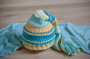 Yellow, Turquoise, Baby Maize and Aqua Tassel Hat