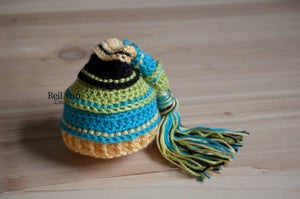 Chartreuse, Turquoise, Yellow and Black Tassel Hat