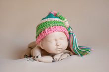 Load image into Gallery viewer, Peach, Green, Coral and Teal Tassel Hat
