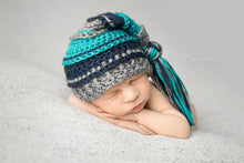 Load image into Gallery viewer, Gray, Turquoise and Navy Tassel Hat

