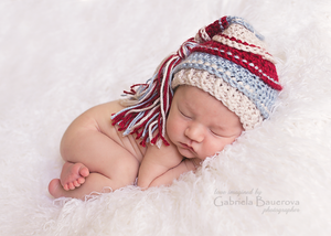 Beige, Maroon and Light Country Blue Tassel Hat
