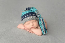 Load image into Gallery viewer, Gray, Turquoise and Navy Tassel Hat
