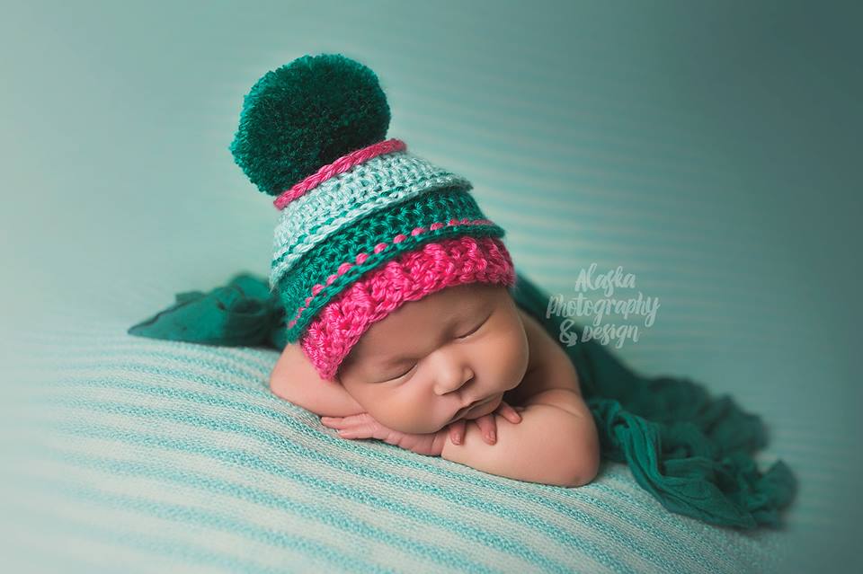 Hot Pink, Aqua and Teal Pom Pom Beanie