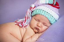 Load image into Gallery viewer, Lavender, White, Aqua and Red Tassel Hat

