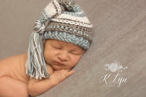 Light Country Blue, White, and Gray Tassel Hat