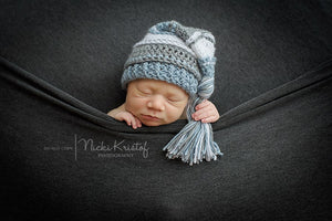 Light Country Blue, White, and Gray Tassel Hat