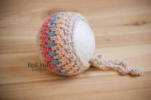Load image into Gallery viewer, Beige, Coral, Light Country Blue, and Peach Bonnet
