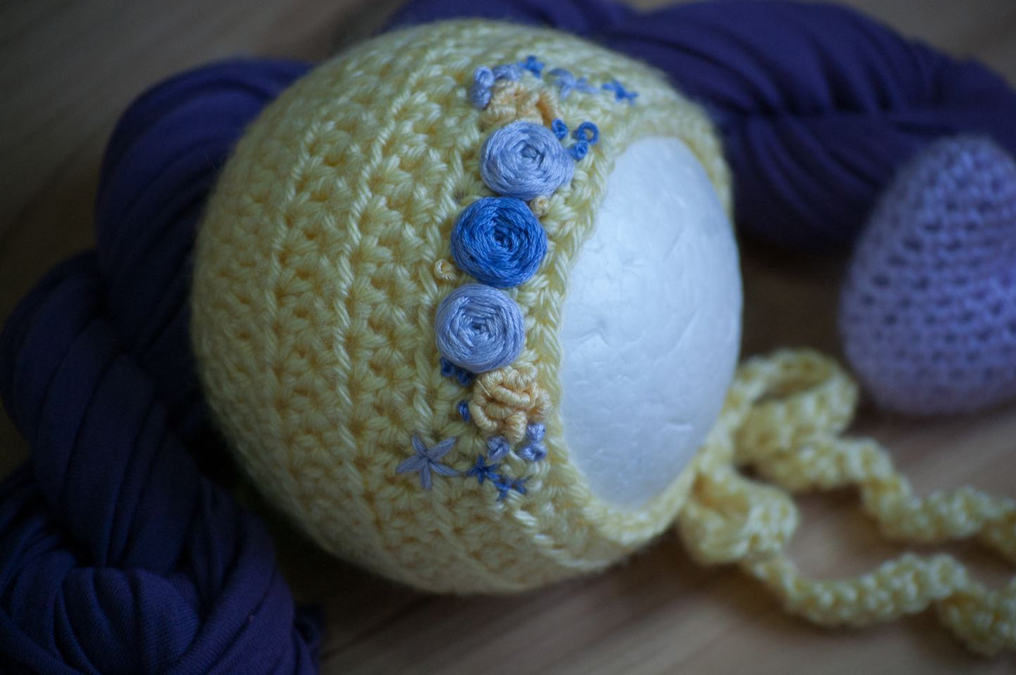 Yellow and Lavender Embroidered Bonnet