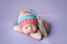 Load image into Gallery viewer, Lavender, Aqua, Coral and Yellow Tassel Hat
