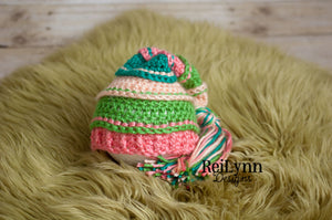 Peach, Green, Coral and Teal Tassel Hat