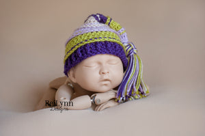 Lavender, Chartreuse, Purple and Beige  Tassel Hat