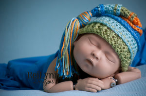 Blue, Aqua, Sage and Orange Tassel Hat
