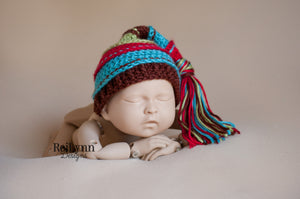 Red, Turquoise, Brown and Sage Tassel Hat
