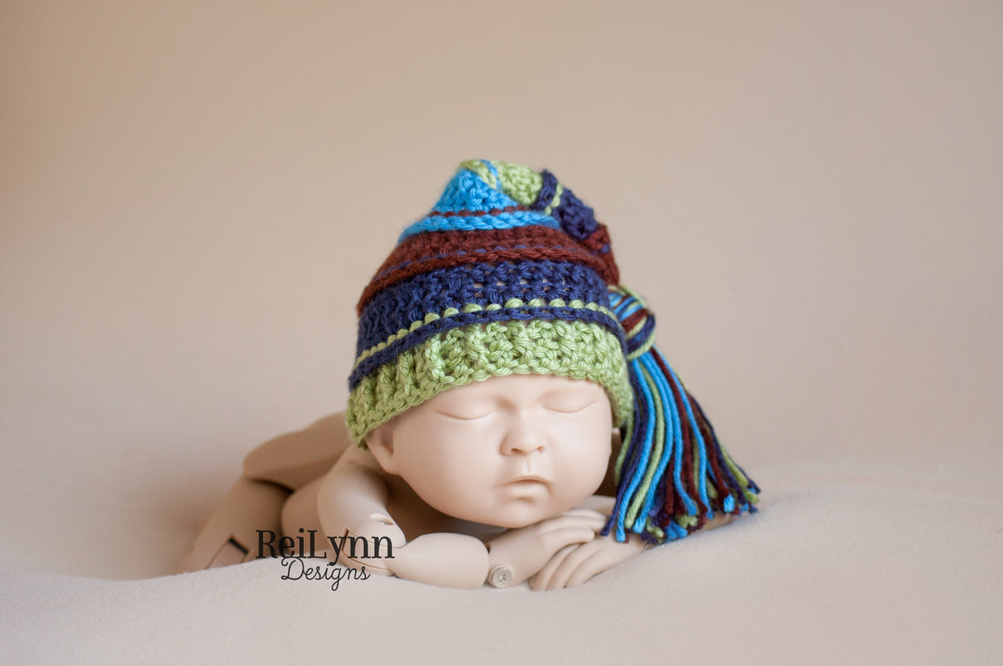 Brown, Navy, Sage and Blue Tassel Hat
