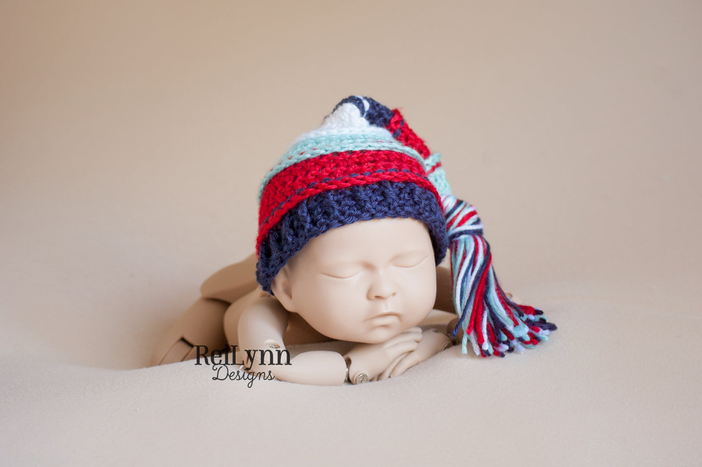Aqua, Red, Navy and White Tassel Hat